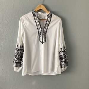 Chico’s Embroidered V-Neck Peasant Blouse - White with Black Detail